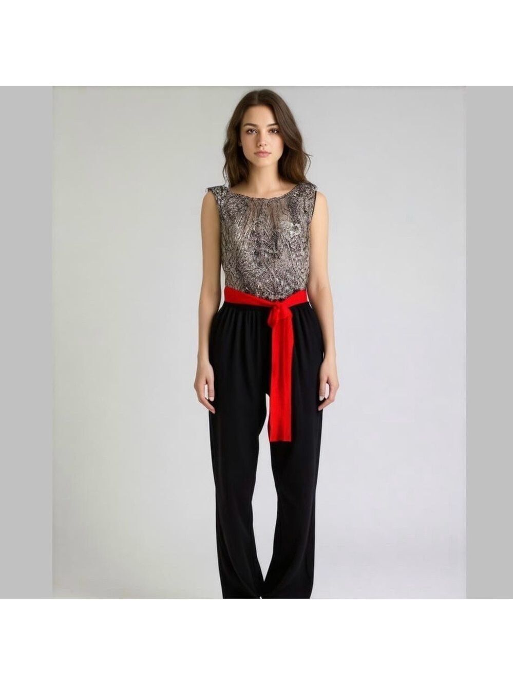 Connected Apparel Size 12 Black/White Jumpsuit With Red Sash